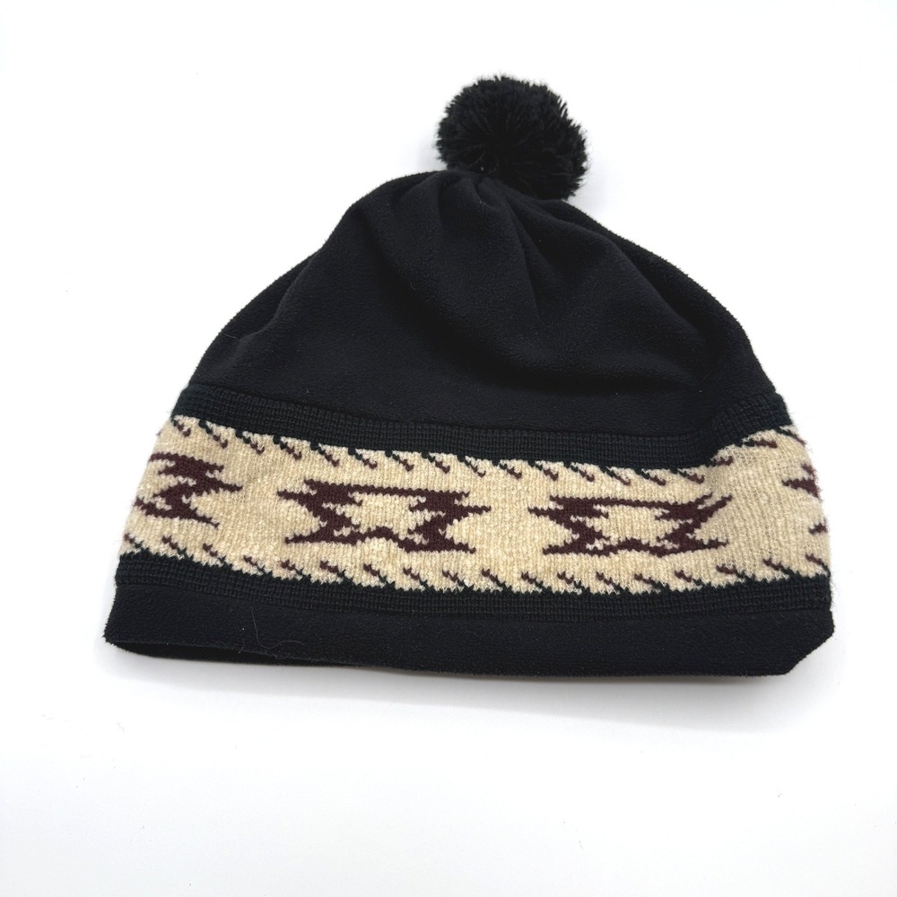 Bogner Black Pom-Pom Beanie with Cream and Dark Brown Pattern